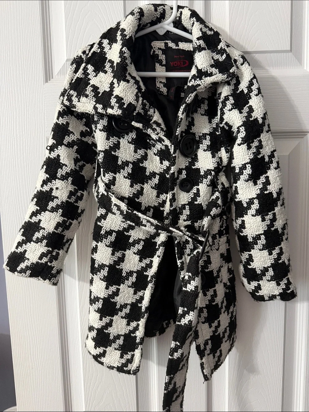 Yoki Black & White Houndstooth Belted Trench Coat